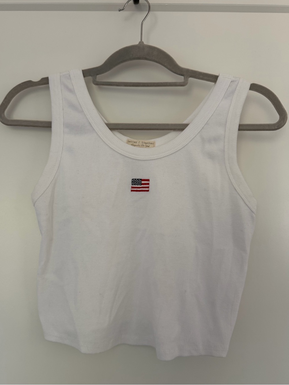 White Ribbed Tank Top with Flag Embroidery